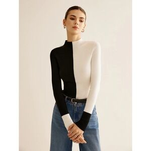 Commense Color Block Mock Neck Long Sleeve Top Fitted Knit Pullover Sweater XL